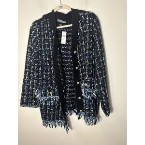 NWT Anthropologie Black Blue Long Sleeve Cardigan Jacket Sz L